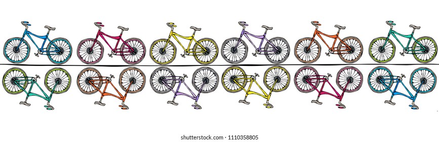 Endless Pattern Brush or Ribbon of Bicycles Bike Background. Realistic Hand Drawn Illustration. Savoyar Doodle Style.