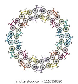 Endless Pattern Brush or Ribbon of Bicycles. Circle Frame Bike Background. Realistic Hand Drawn Illustration. Savoyar Doodle Style.