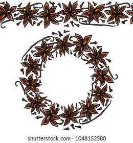 Endless Pattern Brush, Round Garland with Anise Star Seeds, Pieces of Diced Apple, Vanilla Pod, Cloves. Wreath Frame of Seasonings. Molted Wine. Hand Drawn Vector Illustration. Savoyar Doodle Style.