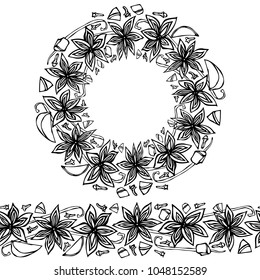 Endless Pattern Brush, Round Garland with Anise Star Seeds, Pieces of Diced Apple, Vanilla Pod, Cloves. Wreath Frame of Seasonings. Molted Wine. Hand Drawn Vector Illustration. Savoyar Doodle Style.