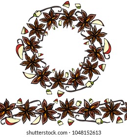 Endless Pattern Brush, Round Garland with Anise Star Seeds, Pieces of Diced Apple, Vanilla Pod. Wreath Frame of Seasonings. Molted Wine Coctail. Hand Drawn Vector Illustration. Savoyar Doodle Style.