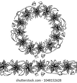 Endless Pattern Brush, Round Garland with Anise Star Seeds, Pieces of Diced Apple, Vanilla Pod. Wreath Frame of Seasonings. Molted Wine Coctail. Hand Drawn Vector Illustration. Savoyar Doodle Style.