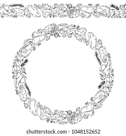 Endless Pattern Brush, Round Garland with Popular Steak Types, Onion, Garlic, Herbs. Butcher Shop or Steak Restaurant Menu. Wreath Circle Frame. Hand Drawn Vector Illustration. Savoyar Doodle Style.