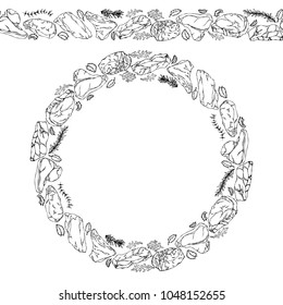 Endless Pattern Brush, Round Garland with Popular Steak Types and Herbs. Butcher Shop or Steak House Restaurant Menu. Wreath Circle Frame. Hand Drawn Vector Illustration. Savoyar Doodle Style.