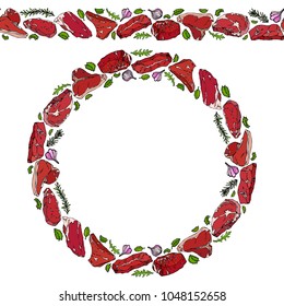 Endless Pattern Brush, Round Garland with Popular Steak Types, Onion, Garlic, Herbs. Butcher Shop or Steak Restaurant Menu. Wreath Circle Frame. Hand Drawn Vector Illustration. Savoyar Doodle Style.