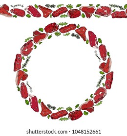 Endless Pattern Brush, Round Garland with Popular Steak Types and Herbs. Butcher Shop or Steak House Restaurant Menu. Wreath Circle Frame. Hand Drawn Vector Illustration. Savoyar Doodle Style.