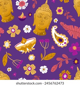 Endless pattern with buddha head and floral elements. Background for religious holidays, yoga studios. Vector illustration.