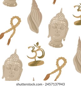 Endless pattern with buddha head image. Background for religious holidays, yoga studios. Vector illustration.