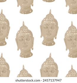 Endless pattern with buddha head image. Background for religious holidays, yoga studios. Vector illustration.