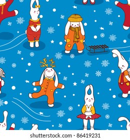 Endless pattern. Bunny, winter. Can be used for wallpaper, pattern fills, web page background, surface textures.