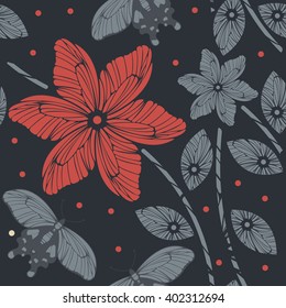 Endless pattern with butterflies and flowers on black background can be used for surface textures, textile,linen, tile, kids cloth, pattern fills and more creative designs. 