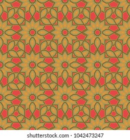 Endless pattern can be used for ceramic tile, wallpaper, linoleum, textile. Vector seamless ceramic tile with colorful patchwork. Vintage yellow, orange and green pattern in turkish style.