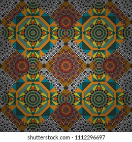 Endless pattern can be used for ceramic tile, linoleum, textile, backgrounds. Vector seamless abstract pattern with diagonal stripes on texture background in retro yellow, blue and gray colors.