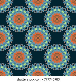 Endless pattern can be used for ceramic tile, wallpaper, linoleum, textile. Vector seamless ceramic tile with colorful patchwork. Vintage orange, blue and green pattern in turkish style.