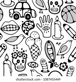 Endless pattern with cartoon characters. Vector illustration in black and white colors for coloring book.
