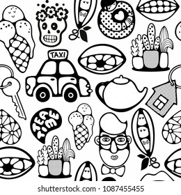Endless pattern with cartoon characters. Vector illustration in black and white colors for coloring book.
