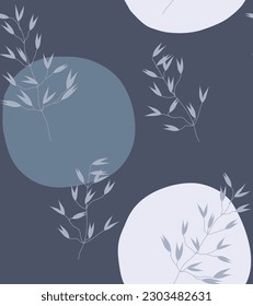 Endless pattern of casual circles and delicate oat plants on a dark blue background. Botanical surface design for textiles and paper.
