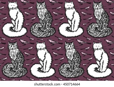 Endless pattern with cats and birds.Seamless texture. Animal background.