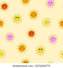 Endless pattern, cheerful suns. Seamless backdrop, children game concept. Vector illustration in simple flat style
