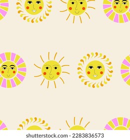 Endless pattern, cheery suns. Repeating backdrop, sunny face. Bright colorful composition
