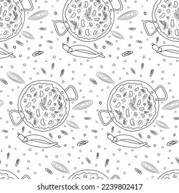 Endless pattern with Chile con carne in large pot with handless. Traditional Latin American food