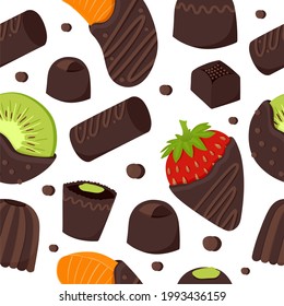 An endless pattern of chocolate-covered fruits and chocolate-covered candies. Vector illustration.