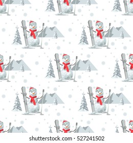 Endless pattern Christmas theme. Vector seamless illustration of a snowman, ski outfit with snow covered trees, mountains in the white background.