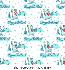 Endless pattern Christmas theme. Vector seamless illustration of a snowman, ski outfit with snow covered trees, mountains in the white background  lettering congratulation.