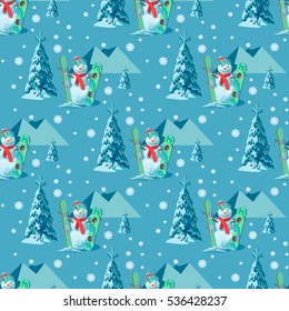 Endless pattern Christmas theme. Vector seamless illustration of a snowman, ski snowboard outfit with snow covered trees, mountains in the blue background.