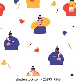 The endless pattern of a cold girl with thermometers and a cup of lemon tea. Flat vector pattern.