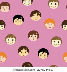 Endless pattern, comely girlish faces. Seamless backdrop, girl guise. Vector illustration in simple flat style
