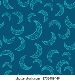 The endless pattern consists of manually drawn crescent moons. The blue crescent is chaotically scattered across the azure field to form a nice pattern for children's room wallpaper or wrapping paper.