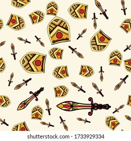 The endless pattern consists of stylized shields and swords. A good pattern for children's room wallpaper or wrapping paper. The old aristocracy and chivalry. The heraldry of medieval Europe is hand