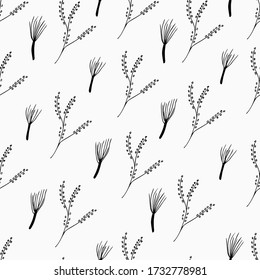 the endless pattern consists of twigs and panicles, black and white, without a background