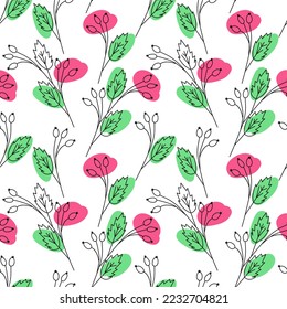 Endless pattern from contour rosehip branches with bright marker color spots. Abstract background