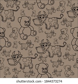 Endless pattern with the contours of bears and bulls, Wallpaper for children.