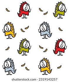 Endless pattern with cute baby dino costumes. Vector seamless illustration with children in animal theatre. Creative cartoon stick figure characters.