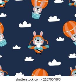 Endless pattern with cute bunnies on a plane and a balloon. Hand-drawn characters for textiles, packaging, paper. Seamless vector background. Seamless Repeat Pattern. Cartoon doodles.