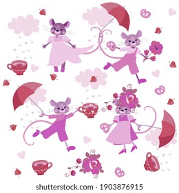 Endless pattern with cute cartoon mice, rain of hearts, umbrellas that catch clouds, flowers and cups of aromatic tea.