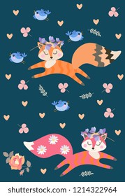 Endless pattern with cute dreamy foxes playing among flowers and leaves. Little funny blue birds. Vector illustration for children.