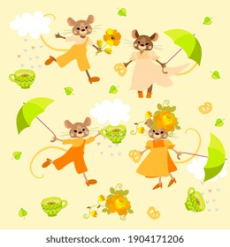 Endless pattern with cute mice boys and girls, green umbrellas, cups of tea, leaves, clouds and raindrops in the shape of small hearts. Fabric print for baby. Bed linen, napkin, wallpaper.