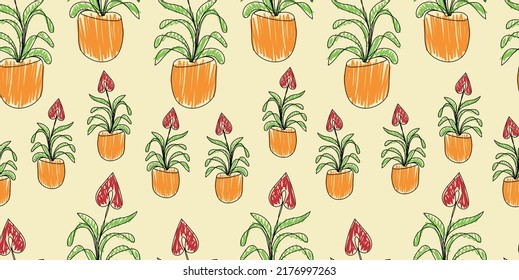 Endless pattern with cute orange hand drawn flower pots. Flat home plants. Botany vector illustration