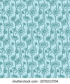 Endless pattern with daisies in turquoise shades on a light background. Delicate doodle style illustration for decor and fabrics