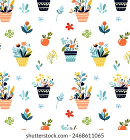 Endless pattern of decorative colorful blossoms in containers on a pale background. Perfect for fabric, wallpaper, gift wrap, and home accessories. The design features vibrant potted flowers and