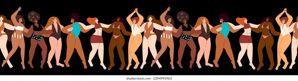 Patrón sin fin .Diferentes mujeres confiables con diferentes figuras, formas,cuerpos de grasa curvados de tamaño adicional.Mujeres gordas de plomo.Felices chicas lindas y gordas paradas en trajes de baño de playa.Ilustración vectorial plana