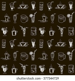 Endless pattern with different drinks: coffee,water,juice,mulled wine,milkshake,tea, hot chocolate and others in cups,beakers,glasses. Sketches in pencil. Hand-drawn. Seamless texture