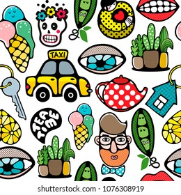 Endless pattern with different things and objects. Vector illustration in doodle stile. seamless wallpaper.