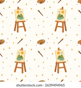 endless pattern with easel, palette, brushes and stars in pastel colors for printing, websites, textiles
