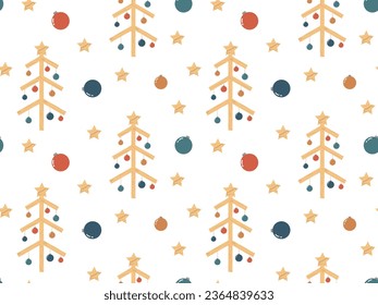 Endless pattern of eco friendly handmade Christmas trees and colorful balls. Winter holiday background. New Year's symbol  from wooden boards