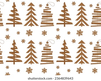 Endless pattern of Eco handmade wooden Christmas trees and snowflakes. Winter holidays background. Plastic free holiday decorations. Save the planet, zero waste concept
